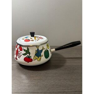 VTG MCM San Ignacio Enamelware Fondue Pot Colorful Seafood & Vegetable Motif